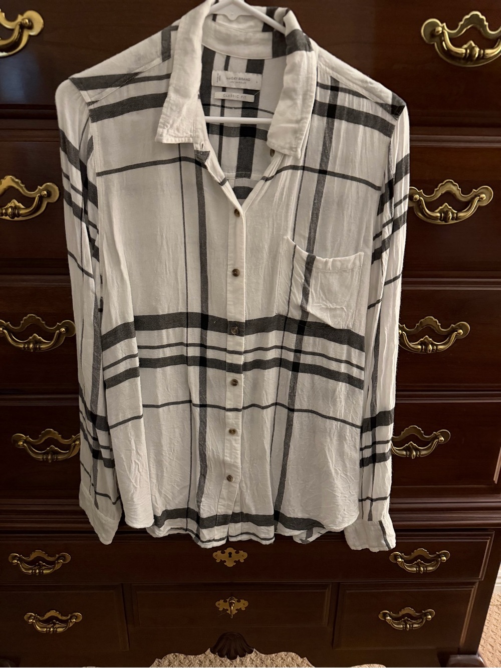 Lucky Brand White and Black Plaid Button-Down Shirt